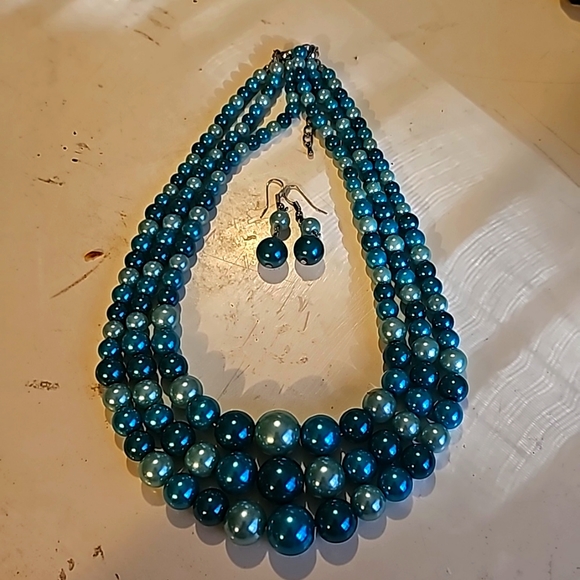 Chunky Turquoise Pearl Necklace & Earrings Set, Bridal Multi Strand Necklace - Picture 1 of 9